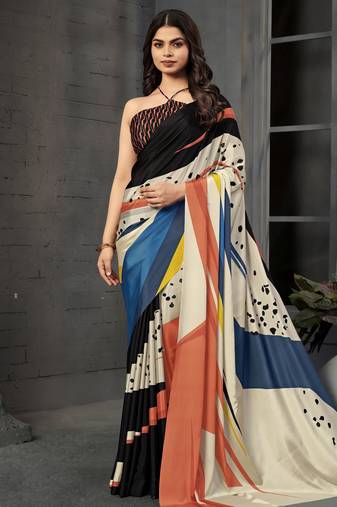 Multy color malai crepe silk fabric designer digital printed beautiful fancy partywear saree
