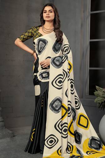 Black color malai crepe silk fabric designer digital printed beautiful fancy partywear saree