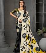 Black color malai crepe silk fabric digital printed beautiful fancy partywear saree