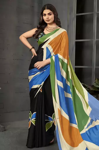 Multy color malai crepe silk fabric designer digital printed beautiful fancy partywear saree