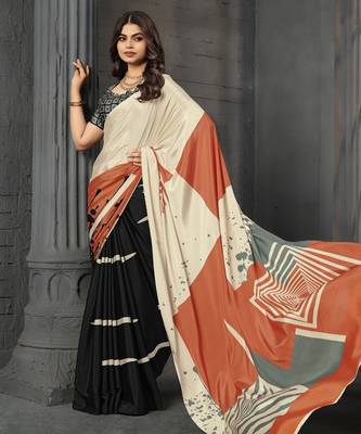 Black malai crepe silk blend digital printed fancy partywear saree 1