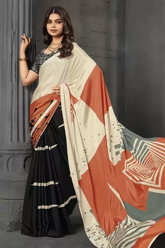 Black color malai crepe silk fabric designer digital printed beautiful fancy partywear saree
