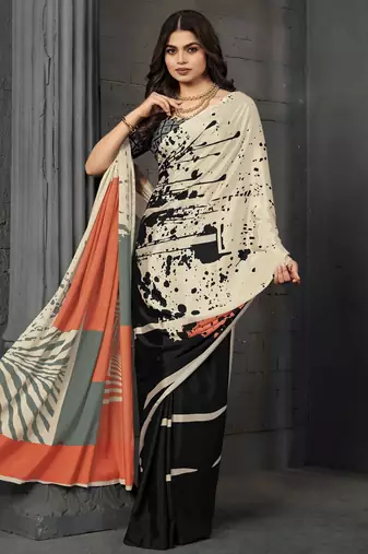 Black malai crepe silk blend digital printed fancy partywear saree