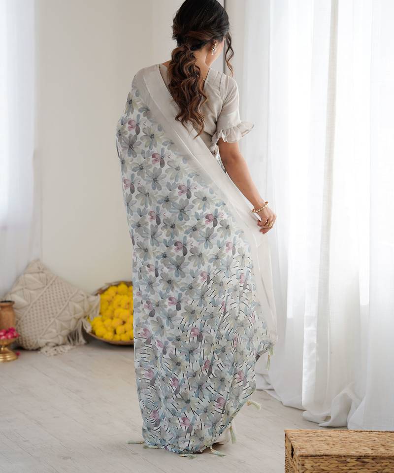 Grey color ethnic printed georgette fabric girlie partywear saree