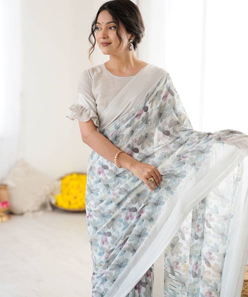 Grey color ethnic printed georgette fabric girlie partywear saree