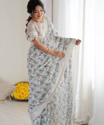 Grey ethnic printed georgette girlie partywear saree 4