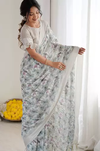 Grey ethnic printed georgette girlie partywear saree