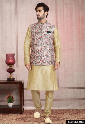 cream printed banarasi silk 3 peice nehru jacket set for men 1