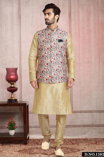 Cream printed banarasi silk 3 peice jacket set for men