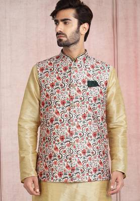 cream printed banarasi silk 3 peice nehru jacket set for men 2