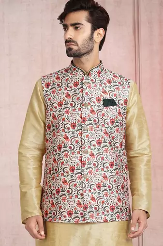 cream printed banarasi silk 3 peice nehru jacket set for men