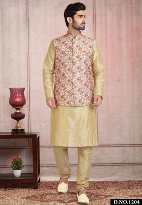 cream printed banarasi silk 3 peice nehru jacket set for men 1