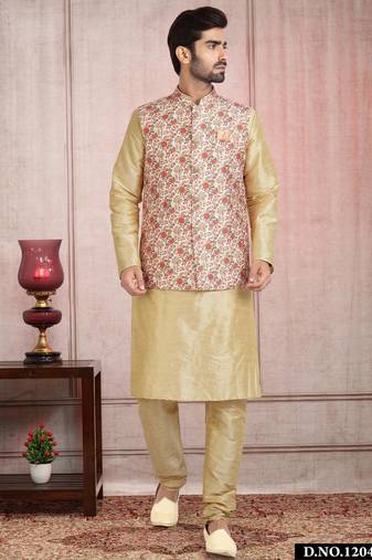 Cream printed banarasi silk 3 peice jacket set for men