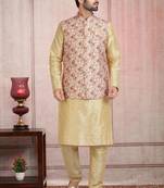 Cream printed banarasi silk 3 peice jacket set for men