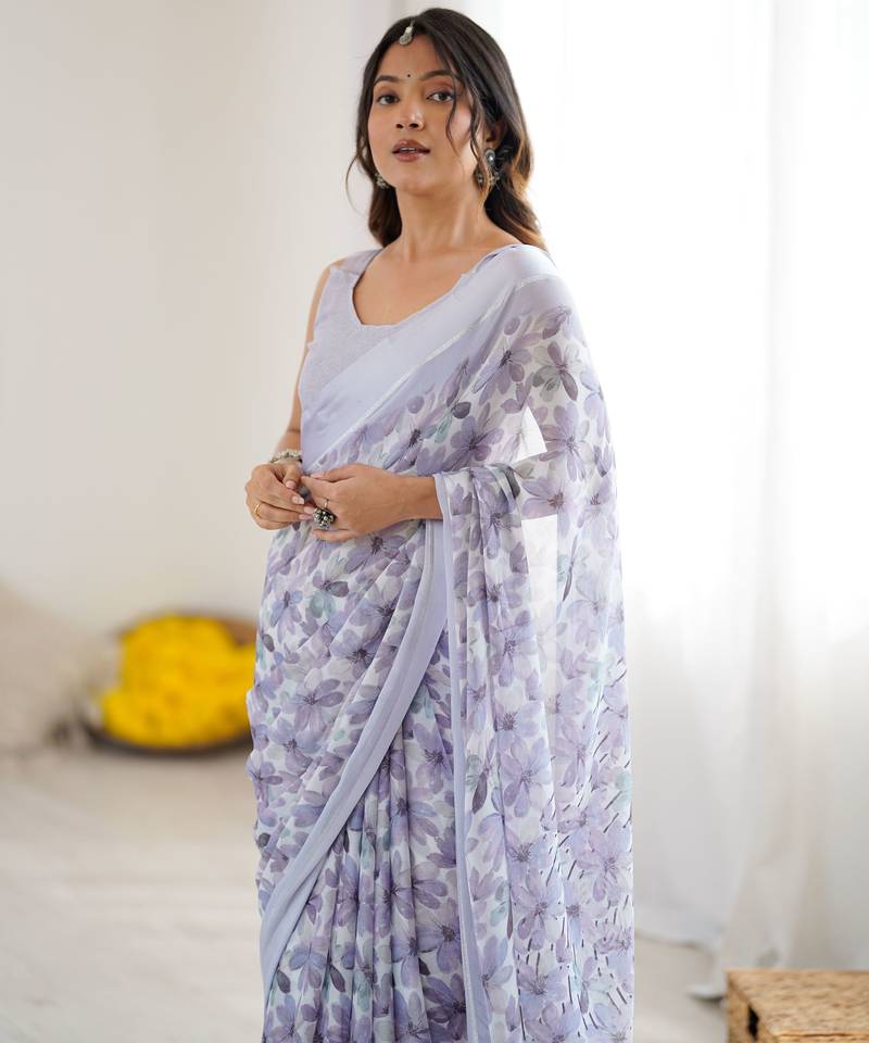 Purple color ethnic printed georgette fabric girlie partywear saree