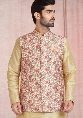 cream printed banarasi silk 3 peice nehru jacket set for men 2