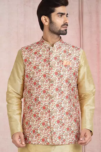 cream printed banarasi silk 3 peice nehru jacket set for men