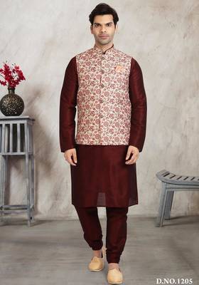 cream printed banarasi silk 3 peice nehru jacket set for men 1