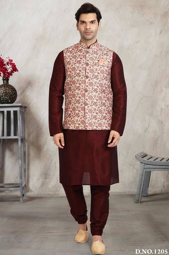 Cream printed banarasi silk 3 peice jacket set for men