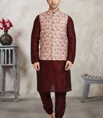 Cream printed banarasi silk 3 peice jacket set for men