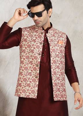 cream printed banarasi silk 3 peice nehru jacket set for men 2