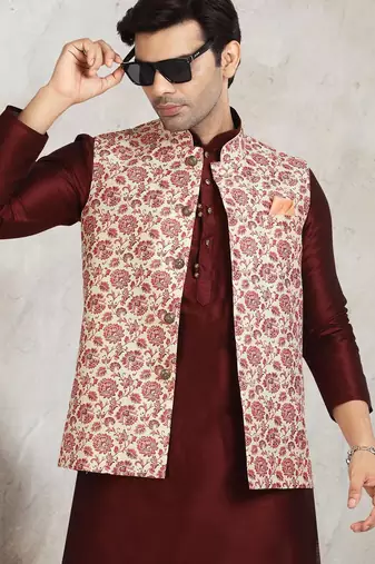 cream printed banarasi silk 3 peice nehru jacket set for men