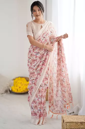 Peach color ethnic printed georgette fabric girlie partywear saree