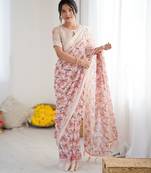 Peach color ethnic printed georgette fabric girlie partywear saree