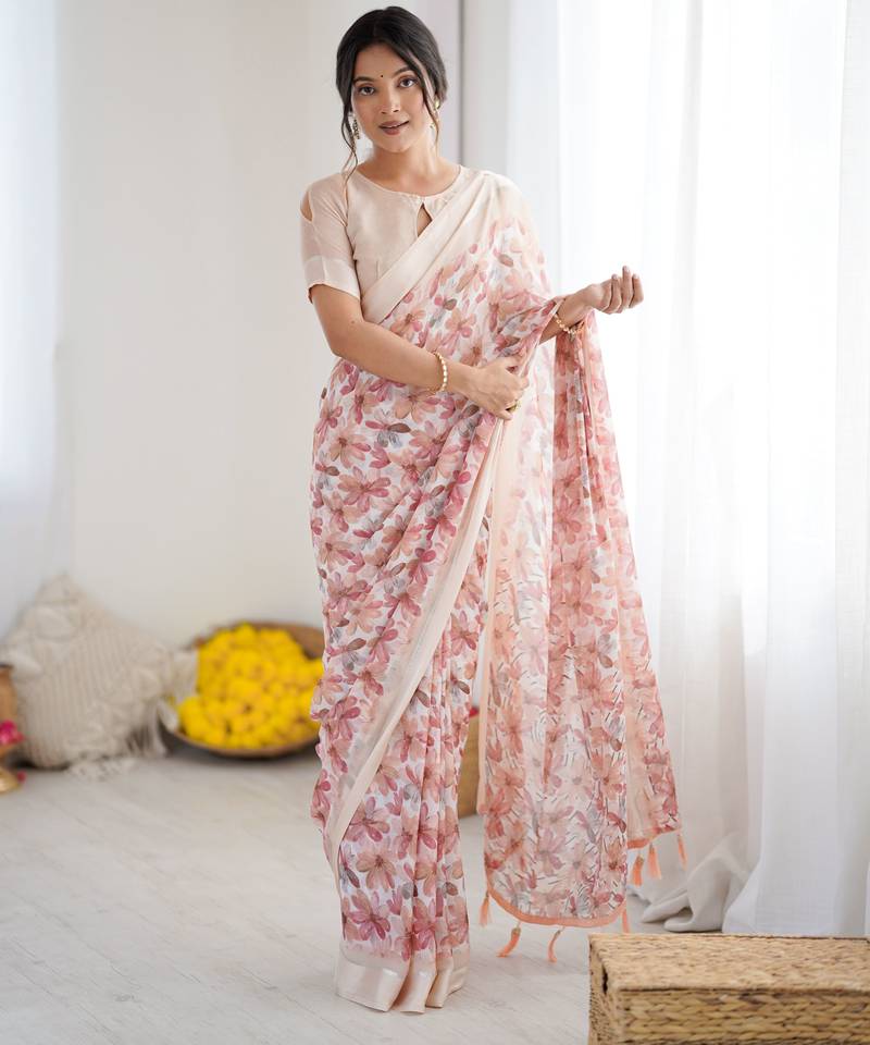 Peach color ethnic printed georgette fabric girlie partywear saree