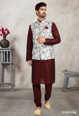 off whte printed banarasi silk 3 peice nehru jacket set for men 1