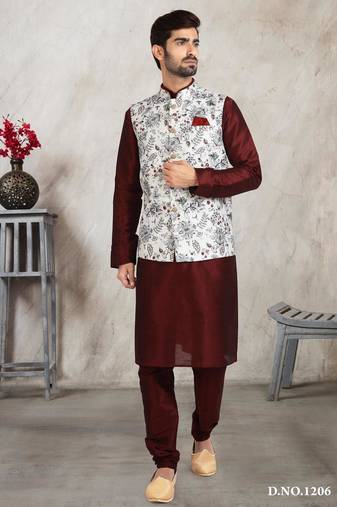 Off whte printed banarasi silk 3 peice jacket set for men