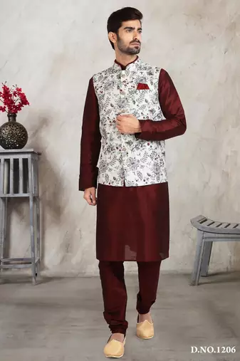Off whte printed banarasi silk 3 peice jacket set for men