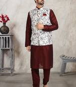 Off whte printed banarasi silk 3 peice jacket set for men