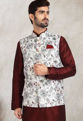 off whte printed banarasi silk 3 peice nehru jacket set for men 2