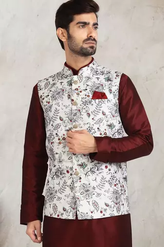 off whte printed banarasi silk 3 peice nehru jacket set for men