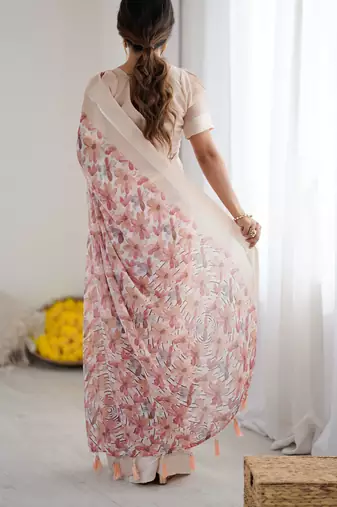 Peach ethnic printed georgette girlie partywear saree