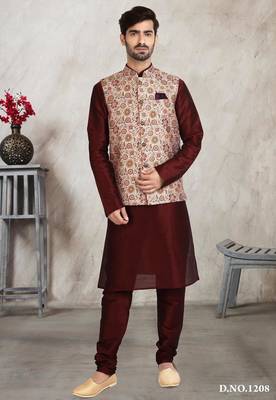 cream printed banarasi silk 3 peice nehru jacket set for men 1