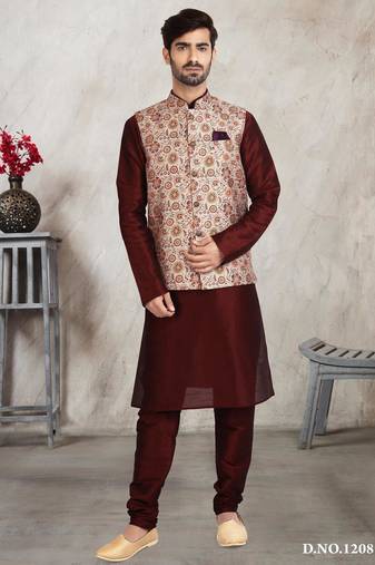 Cream printed banarasi silk 3 peice jacket set for men