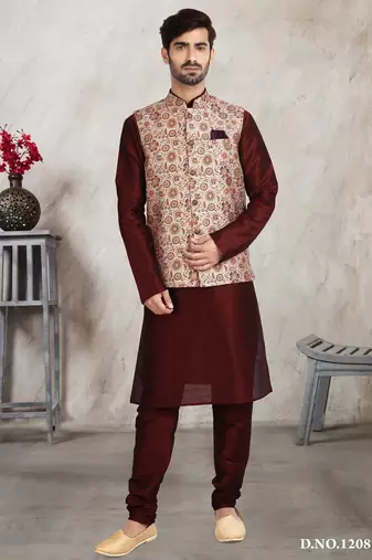 Cream printed banarasi silk 3 peice jacket set for men