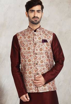 cream printed banarasi silk 3 peice nehru jacket set for men 2