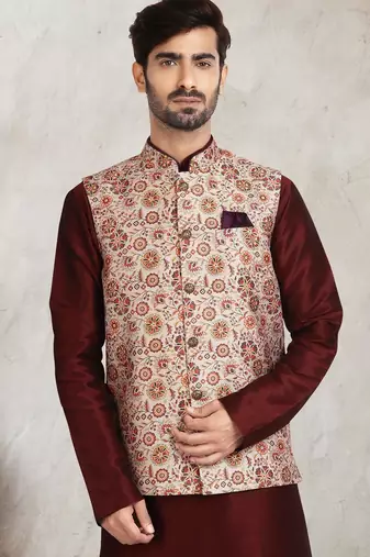cream printed banarasi silk 3 peice nehru jacket set for men