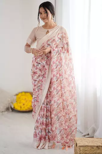 Peach ethnic printed georgette girlie partywear saree