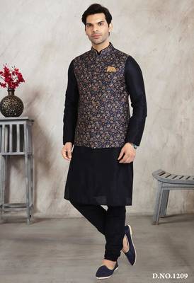 blue printed banarasi silk 3 peice nehru jacket set for men 1
