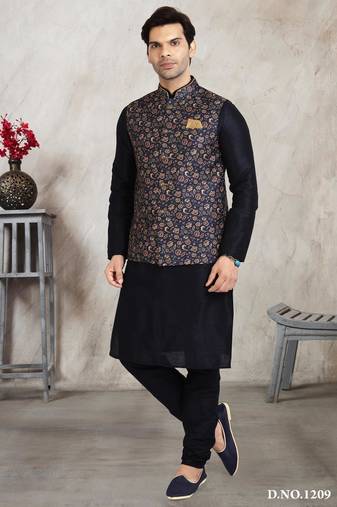 Blue printed banarasi silk 3 peice jacket set for men