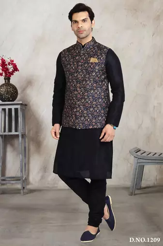 Blue printed banarasi silk 3 peice jacket set for men