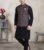 Blue printed banarasi silk 3 peice jacket set for men