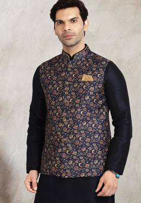 blue printed banarasi silk 3 peice nehru jacket set for men 2