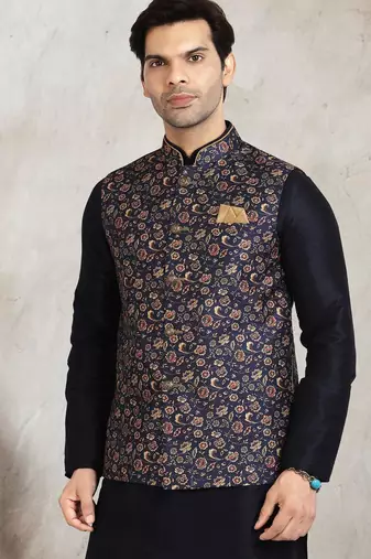 blue printed banarasi silk 3 peice nehru jacket set for men