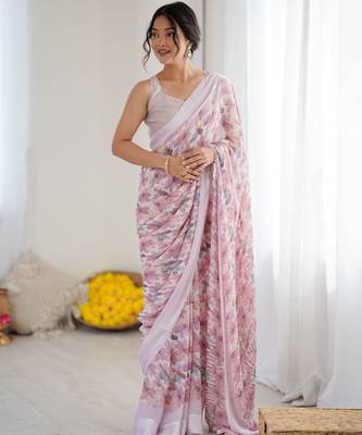 Pink ethnic printed georgette girlie partywear saree 1