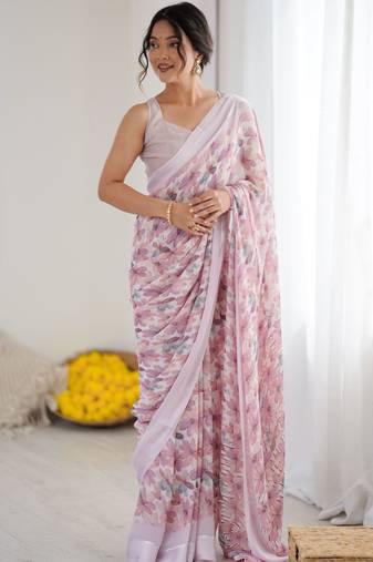 Pink color ethnic printed georgette fabric girlie partywear saree